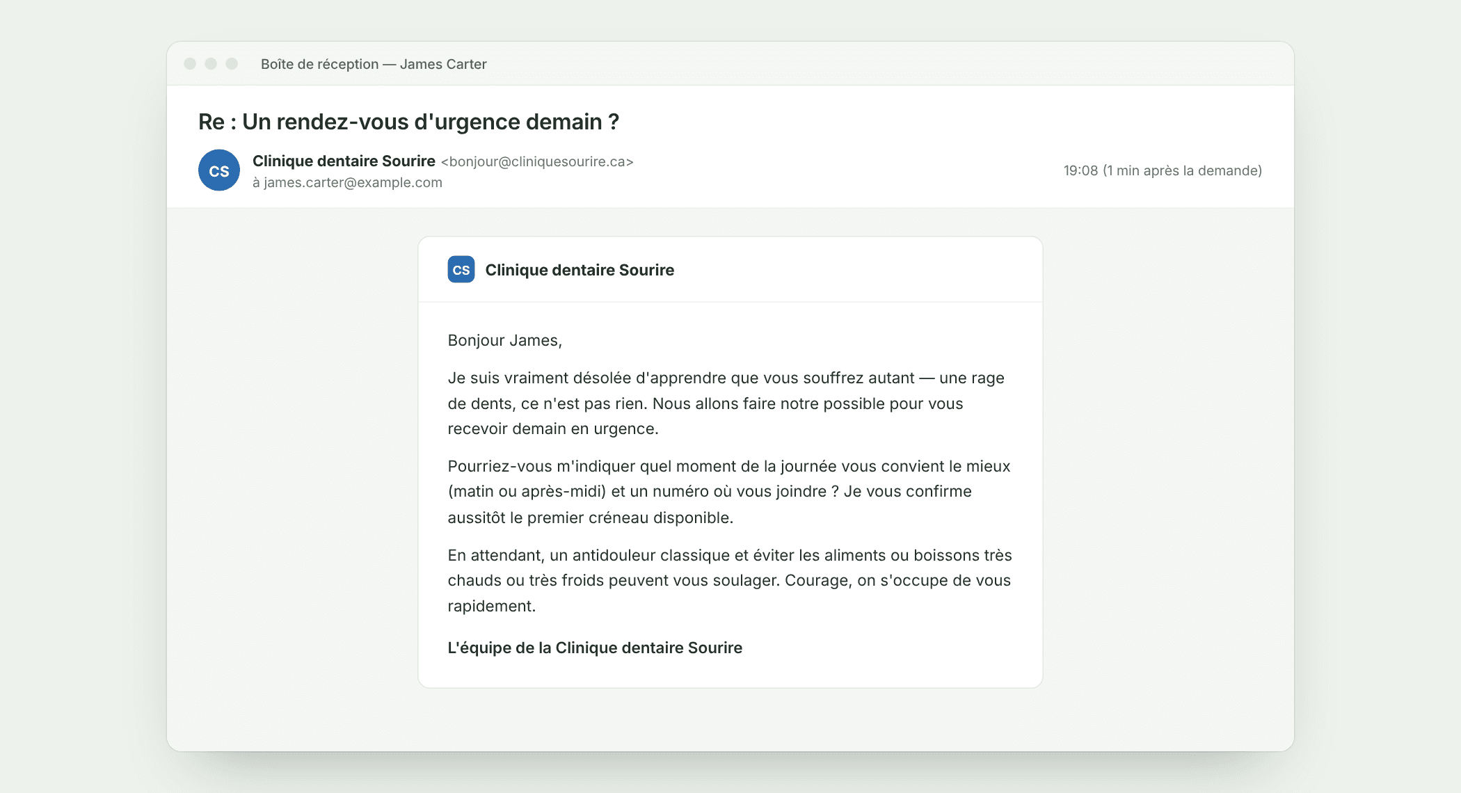 Exemple de message envoyé par le système : Répondre à chaque prospect en moins d'une minute