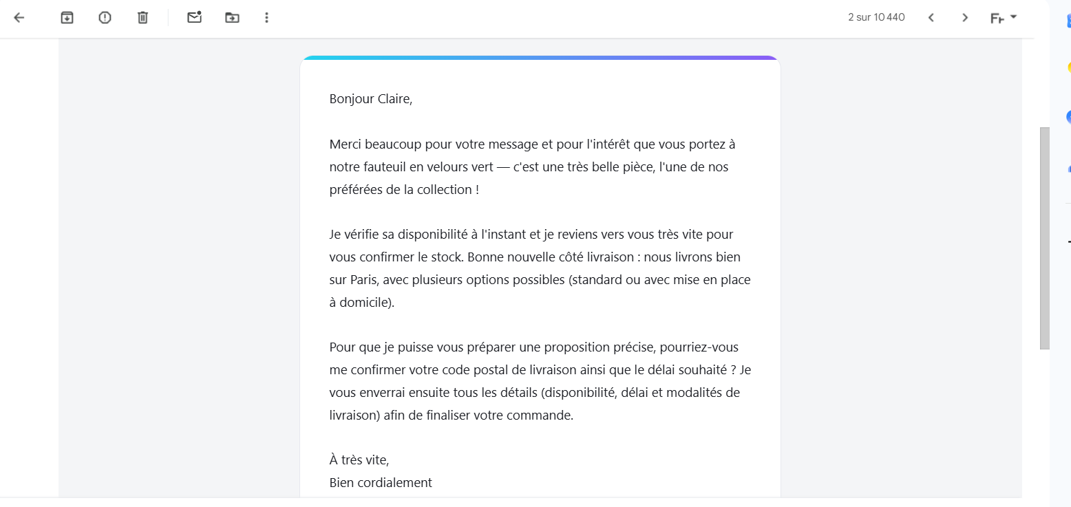 Ce que reçoit le client